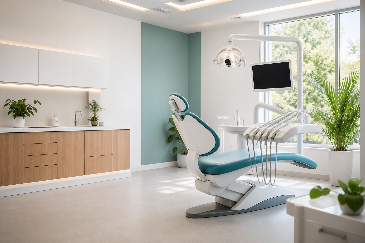 A bright modern dental clinic treatment room with a dental chair and professional equipment.